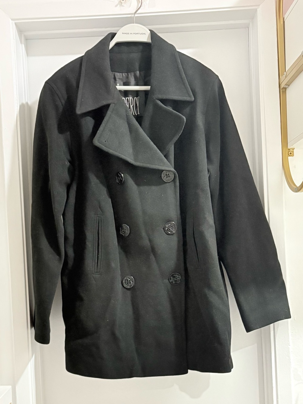 Classic Black Double-Breasted Pea Coat - Women's Tailored Outerwear - Picture 7 of 8
